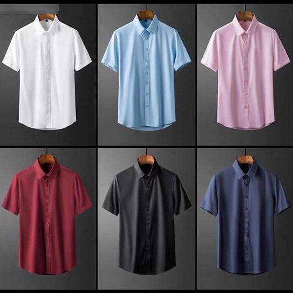 S-5XL Men's Shirts Short Sleeve Business Slim Fit T-shirt Korean Style Trendy Plain Top Official Plus Size - Red Wine