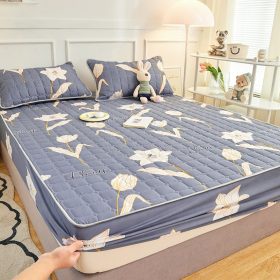 Flower Colored Fitted Sheet Single/Queen/King Fitted Bedsheet with Cotton Anti Slip Mattress Cover - Light Grey Kapok - Image 1