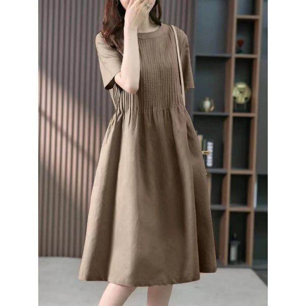 Cotton Linen Dress Mid-Length Dress 2023 Spring Summer New Style Korean Loose Slimmer Look Solid Color Dress J123 - Khaki