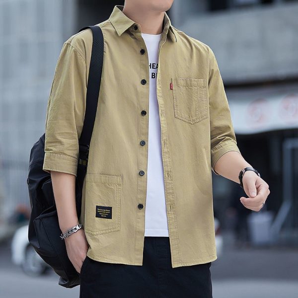 Summer Korean Style Fashion All Match Business Pocket Casual Tooling Three Quarter Sleeve Shirt Men Top - Khaki