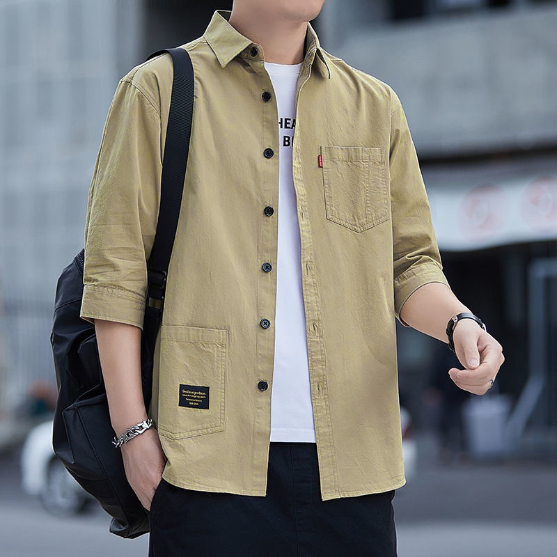 Summer Korean Style Fashion All Match Business Pocket Casual Tooling Three Quarter Sleeve Shirt Men Top - Khaki - Image 1