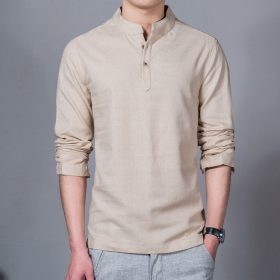 Long Sleeve Slim Fit Men Shirt Stand Collar Plain Casual Linen Shirt Men Pullover - Khaki