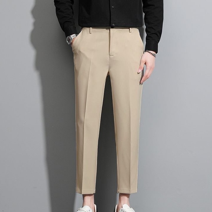 Men Cropped Pants Slim Fit Casual Formal Business Smart Suit Trouser - Khaki - Image 1