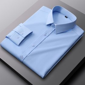 Smart Casual Long Sleeve Non-iron Plain Plus Size Korean Style Office Working Formal Men Dress Shirt - Light Blue - Image 1