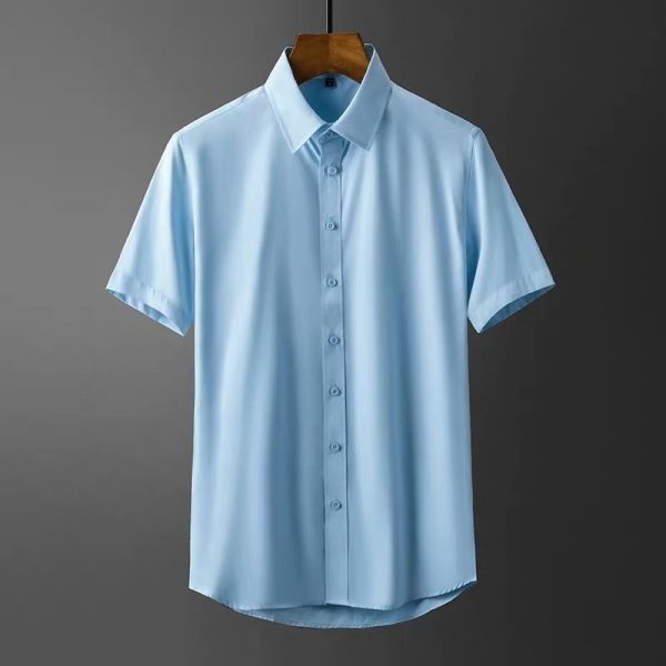 S-5XL Men's Shirts Short Sleeve Business Slim Fit T-shirt Korean Style Trendy Plain Top Official Plus Size - Light Blue