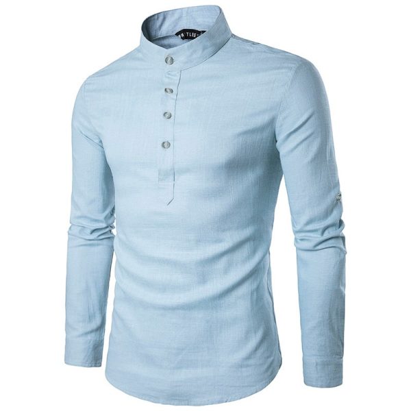 S-5XL Men Kurta Shirts Plain Casual Top Formal Long Sleeve Shirt Oversized XY0604 - Light Blue