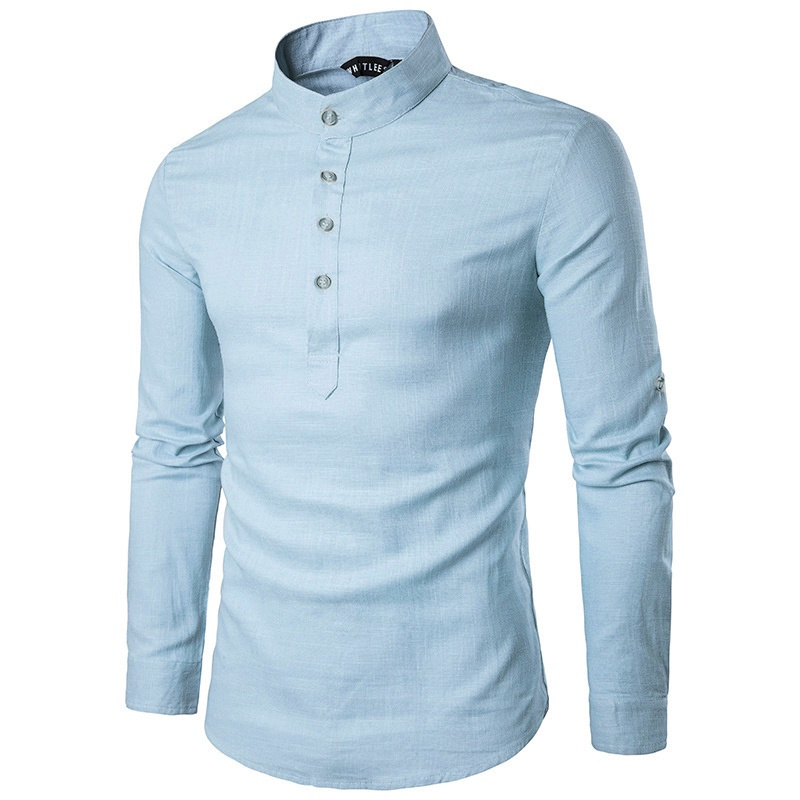 S-5XL Men Kurta Shirts Plain Casual Top Formal Long Sleeve Shirt Oversized XY0604 - Light Blue - Image 1