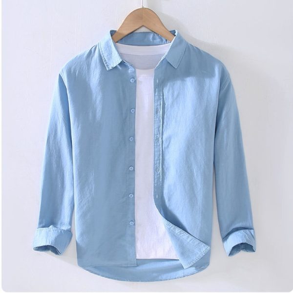 Casual Linen Cotton Long Sleeve Shirt Men Summer New Basic Lapel - Light Blue