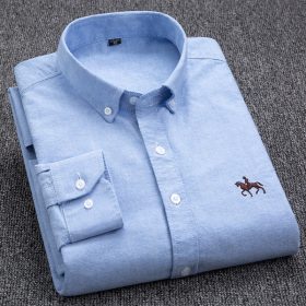 Casual 100% Cotton Oxford Long Sleeve Embroidery Slim Fit Plus Size Social Men Shirt - Light Blue