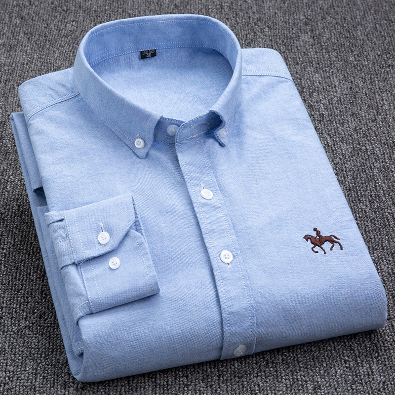 Casual 100% Cotton Oxford Long Sleeve Embroidery Slim Fit Plus Size Social Men Shirt - Light Blue - Image 1