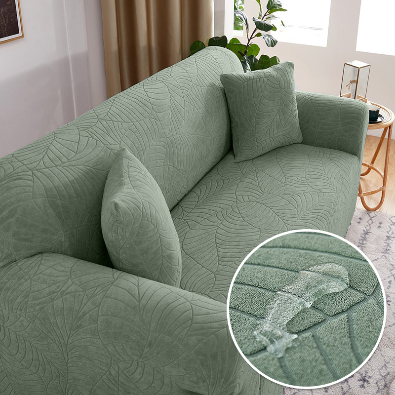 Premium Embossed Leaf Pattern Sofa Cover Waterproof Elastic Stretchable Suede Water Resist - Light Green - Image 1