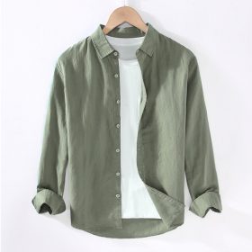 Casual Linen Cotton Long Sleeve Shirt Men Summer New Basic Lapel - Light Green - Image 1