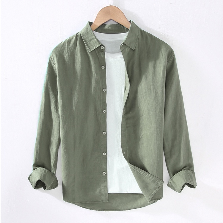 Casual Linen Cotton Long Sleeve Shirt Men Summer New Basic Lapel - Light Green - Image 1