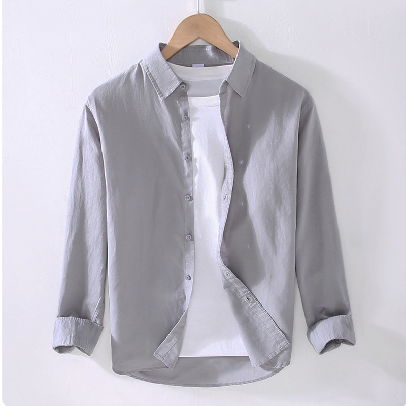 Casual Linen Cotton Long Sleeve Shirt Men Summer New Basic Lapel - Light Grey - Image 1