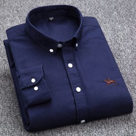 Casual 100% Cotton Oxford Long Sleeve Embroidery Slim Fit Plus Size Social Men Shirt - Navy