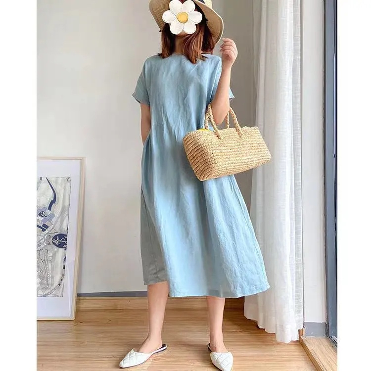 Korean Simple Art Dress Cotton Dress large size dress - Sky Blue - Image 1