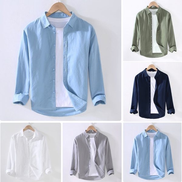 Casual Linen Cotton Long Sleeve Shirt Men Summer New Basic Lapel - Light Blue