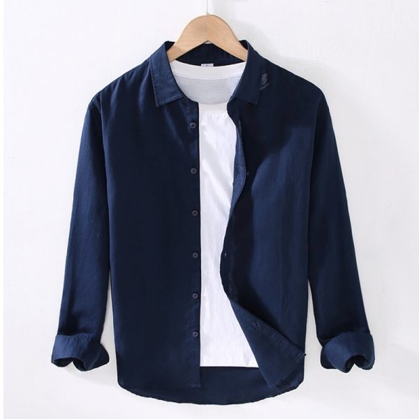 Casual Linen Cotton Long Sleeve Shirt Men Summer New Basic Lapel - Navy Blue