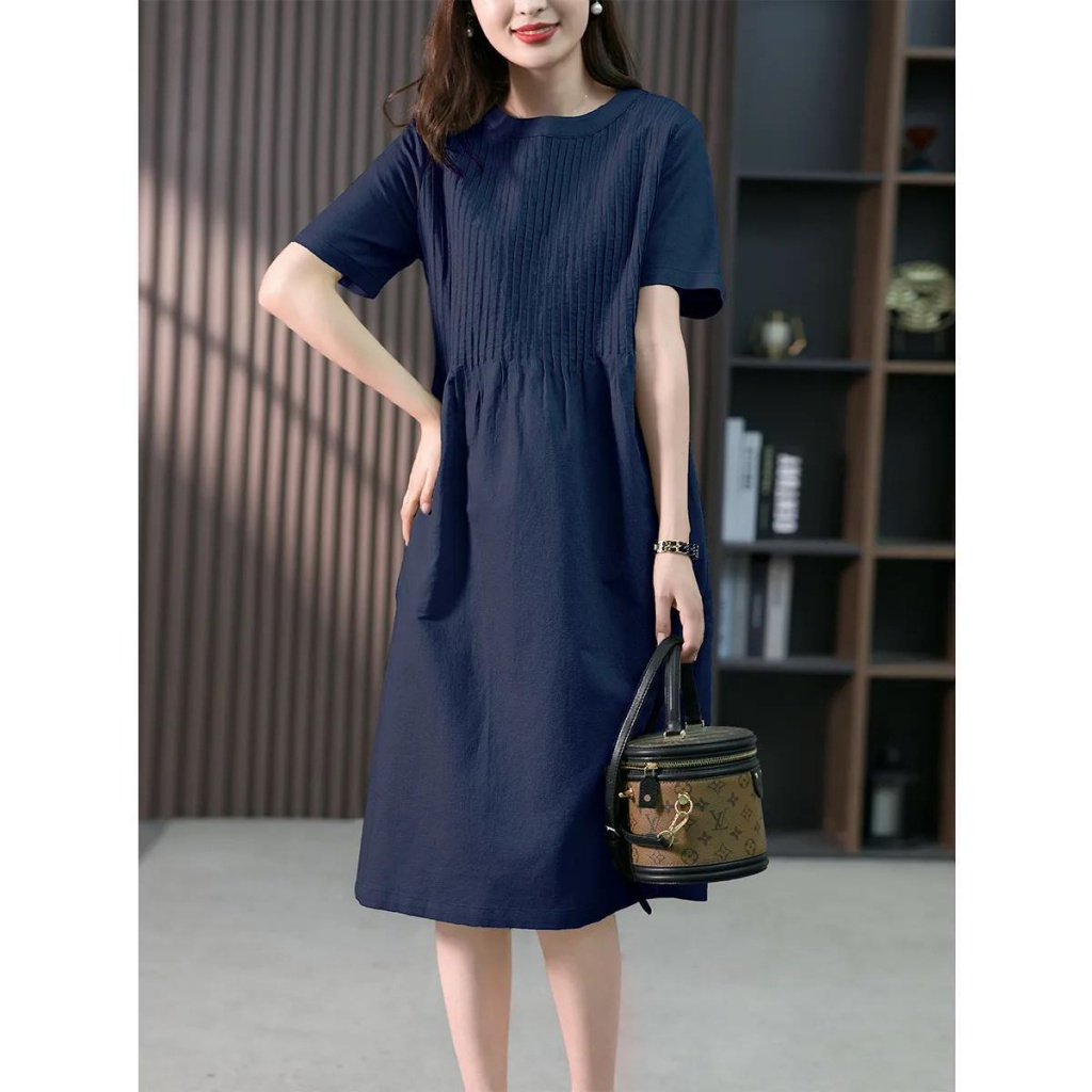Cotton Linen Dress Mid-Length Dress 2023 Spring Summer New Style Korean Loose Slimmer Look Solid Color Dress J123 - Navy Blue - Image 1
