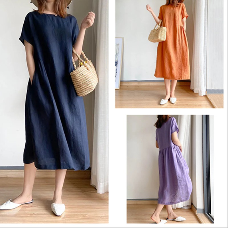 Korean Simple Art Dress Cotton Dress large size dress - Sky Blue - Image 2
