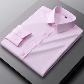 Smart Casual Long Sleeve Non-iron Plain Plus Size Korean Style Office Working Formal Men Dress Shirt - Pink - Image 1