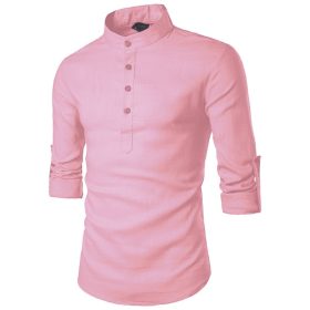 S-5XL Men Kurta Shirts Plain Casual Top Formal Long Sleeve Shirt Oversized XY0604 - Pink - Image 1
