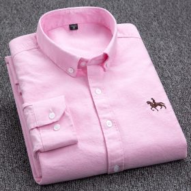 Casual 100% Cotton Oxford Long Sleeve Embroidery Slim Fit Plus Size Social Men Shirt - Pink