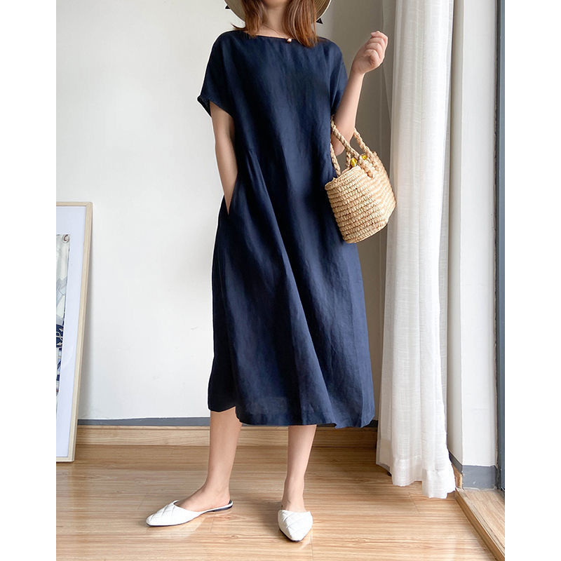 Korean Simple Art Dress Cotton Dress large size dress - Navy Blue - Image 1