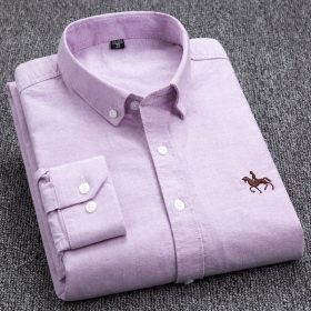 Casual 100% Cotton Oxford Long Sleeve Embroidery Slim Fit Plus Size Social Men Shirt - Purple