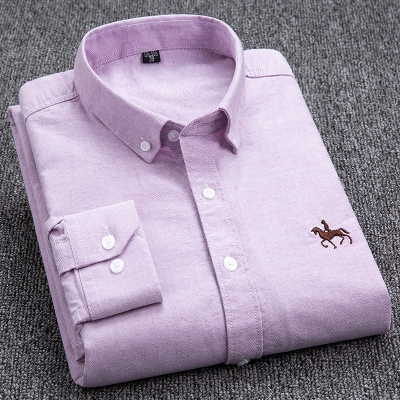 Casual 100% Cotton Oxford Long Sleeve Embroidery Slim Fit Plus Size Social Men Shirt - Purple - Image 1