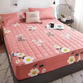 Flower Colored Fitted Sheet Single/Queen/King Fitted Bedsheet with Cotton Anti Slip Mattress Cover - Pink Sakura - Image 1