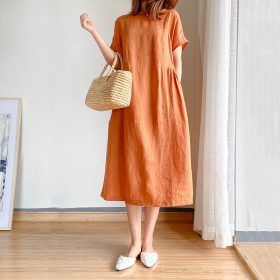 Korean Simple Art Dress Cotton Dress large size dress - Orange - Image 1