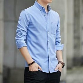 M-5XL Men's Shirt Oxford Formal Long-Sleeved Men Casual Slim Fit Korean Plain Shirts - Sky Blue - Image 1