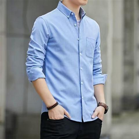 M-5XL Men's Shirt Oxford Formal Long-Sleeved Men Casual Slim Fit Korean Plain Shirts - Sky Blue