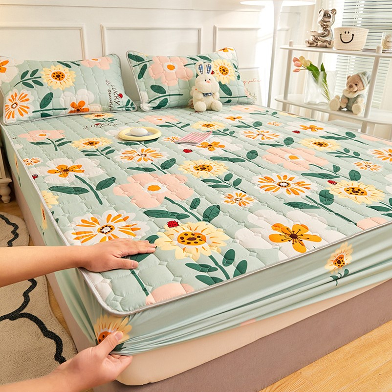 Flower Colored Fitted Sheet Single/Queen/King Fitted Bedsheet with Cotton Anti Slip Mattress Cover - Peach Sun Flower - Image 1