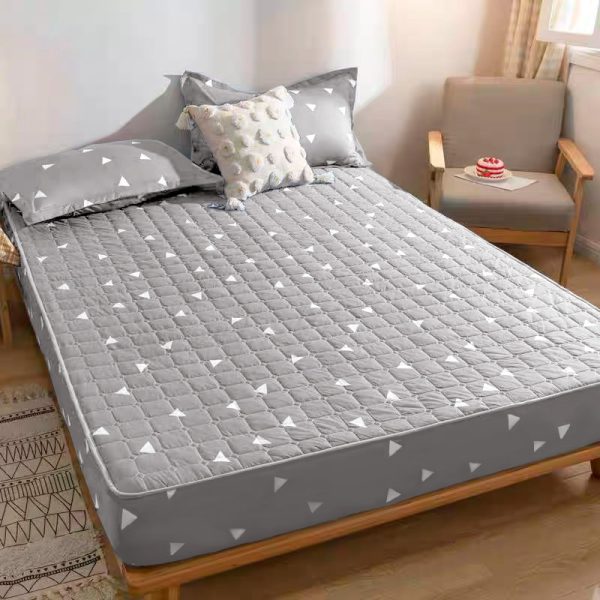 Flower Colored Fitted Sheet Single/Queen/King Fitted Bedsheet with Cotton Anti Slip Mattress Cover - Grey Triangle