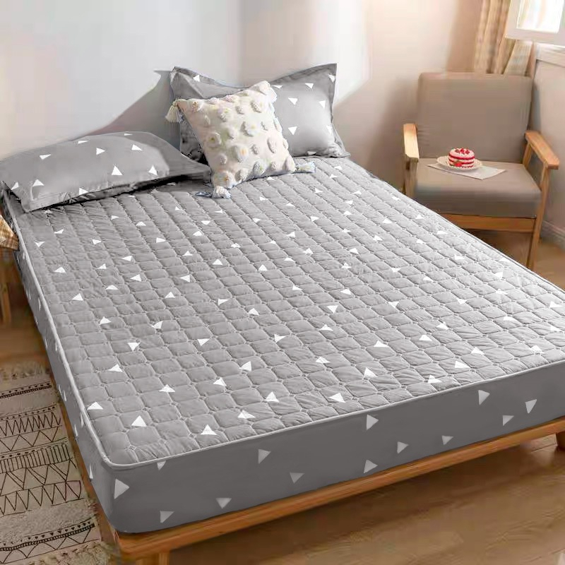 Flower Colored Fitted Sheet Single/Queen/King Fitted Bedsheet with Cotton Anti Slip Mattress Cover - Grey Triangle - Image 1