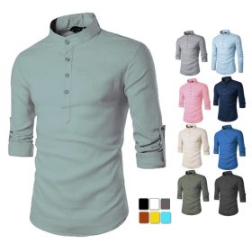 S-5XL Men Kurta Shirts Plain Casual Top Formal Long Sleeve Shirt Oversized XY0604 - Denim Blue - Image 2
