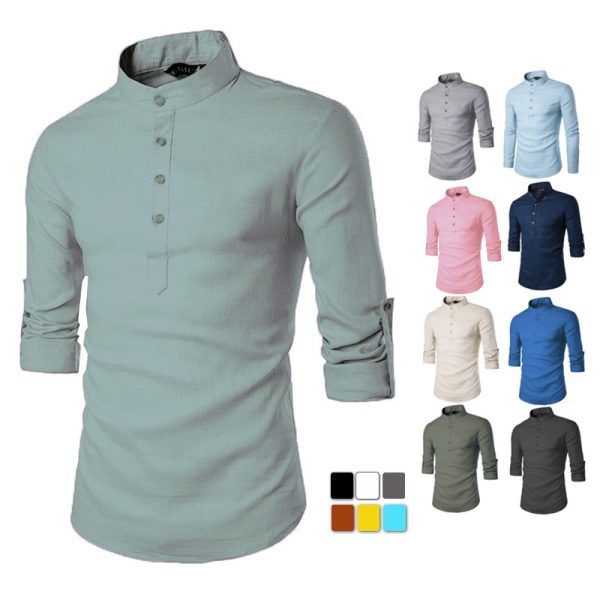 S-5XL Men Kurta Shirts Plain Casual Top Formal Long Sleeve Shirt Oversized XY0604 - Denim Blue