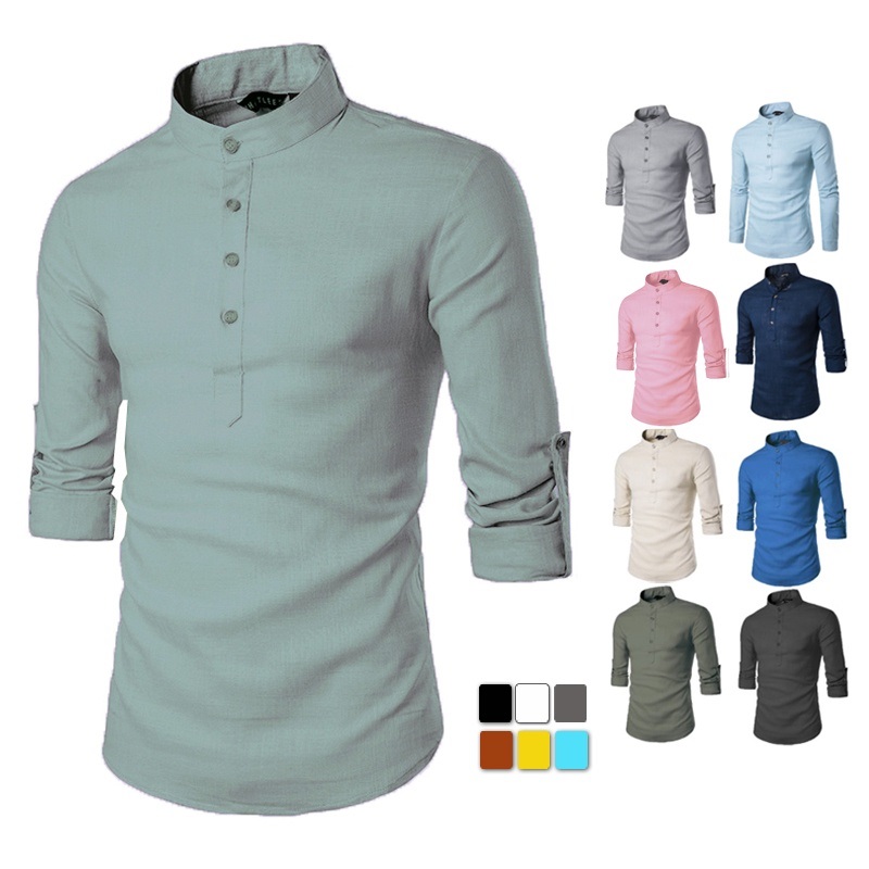 S5XL Men Kurta Shirts Plain Casual Top Formal Long Sleeve Shirt