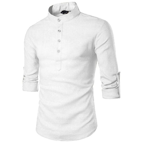 S-5XL Men Kurta Shirts Plain Casual Top Formal Long Sleeve Shirt Oversized XY0604 - White