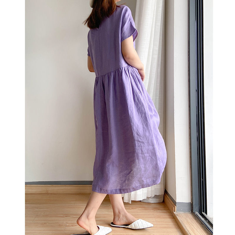 Korean Simple Art Dress Cotton Dress large size dress - Purple - Image 1