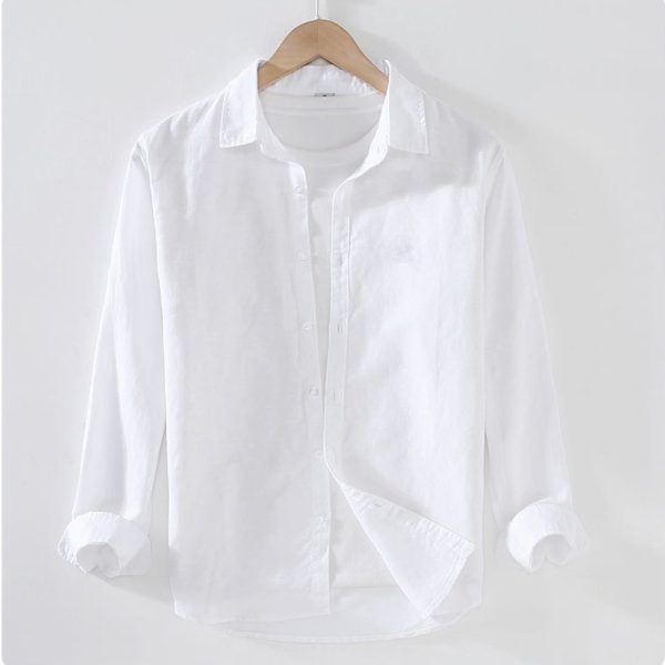 Casual Linen Cotton Long Sleeve Shirt Men Summer New Basic Lapel - White