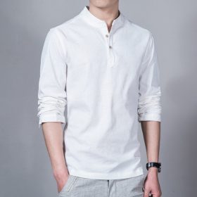 Long Sleeve Slim Fit Men Shirt Stand Collar Plain Casual Linen Shirt Men Pullover - White