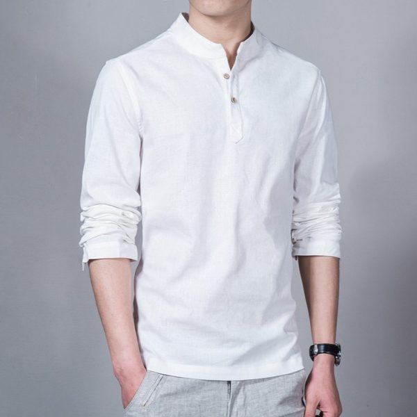 Long Sleeve Slim Fit Men Shirt Stand Collar Plain Casual Linen Shirt Men Pullover - White