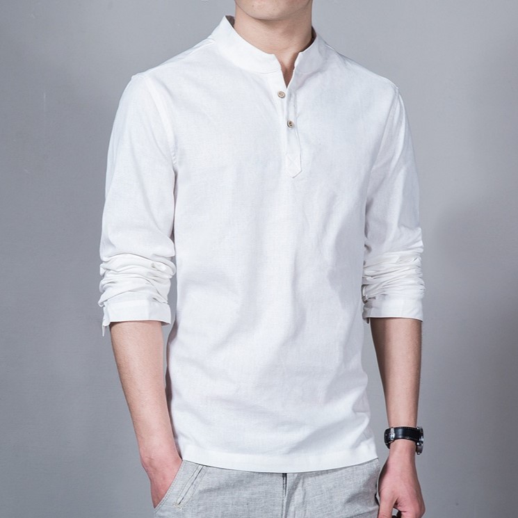 Long Sleeve Slim Fit Men Shirt Stand Collar Plain Casual Linen Shirt Men Pullover - White - Image 1