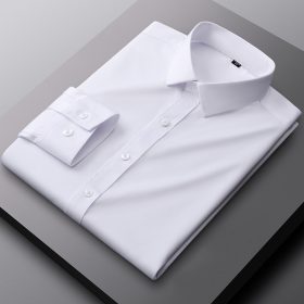 Smart Casual Long Sleeve Non-iron Plain Plus Size Korean Style Office Working Formal Men Dress Shirt - White - Image 1