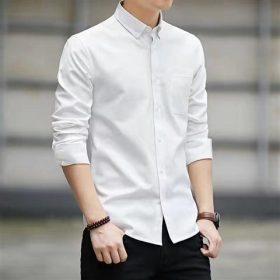M-5XL Men's Shirt Oxford Formal Long-Sleeved Men Casual Slim Fit Korean Plain Shirts - White - Image 1