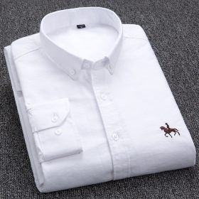 Casual 100% Cotton Oxford Long Sleeve Embroidery Slim Fit Plus Size Social Men Shirt - White