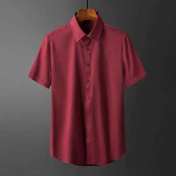 S-5XL Men's Shirts Short Sleeve Business Slim Fit T-shirt Korean Style Trendy Plain Top Official Plus Size - Red Wine